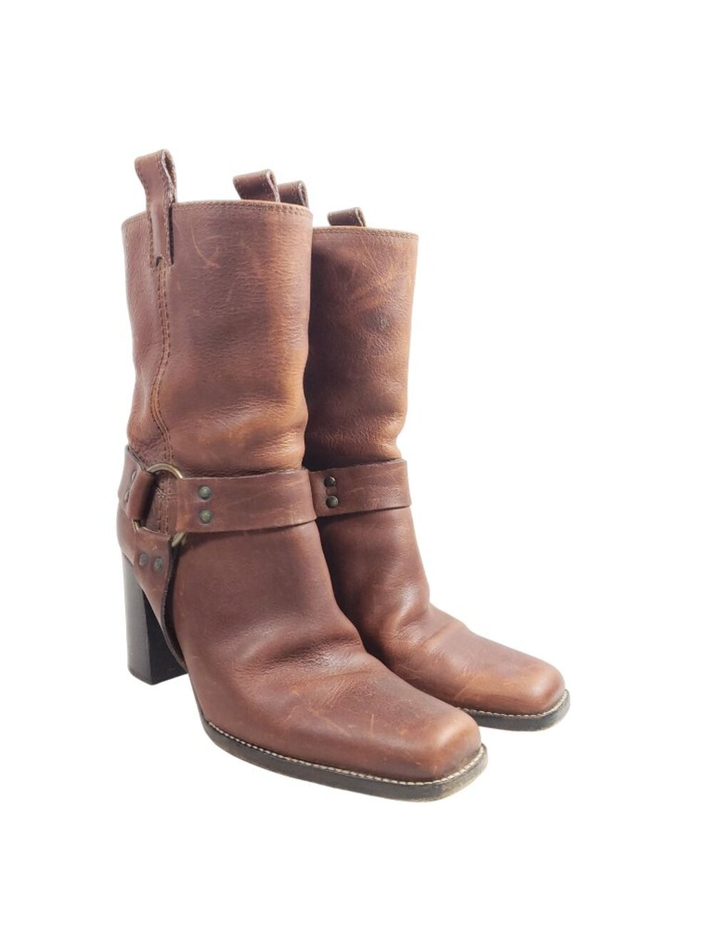 Michael Kors Womens Size 8.5 Brown Leather Harness Boots Block Heel Western Styl